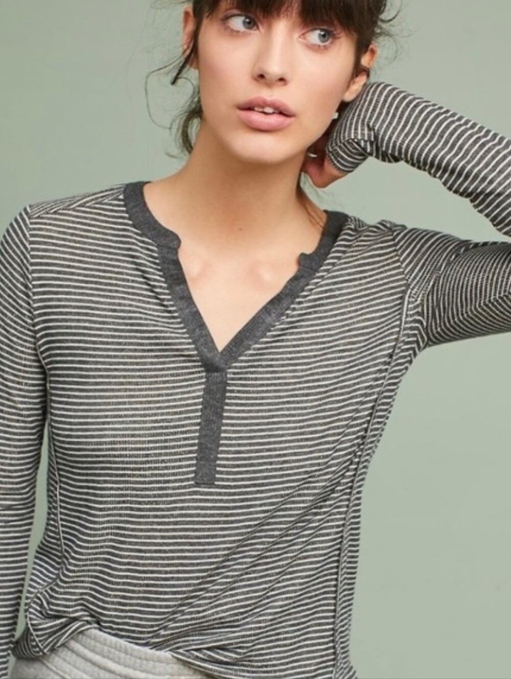 Anthropologie Akemi + Kin Henley Shirt Metallic Gray Striped Long Sleeve Sz S